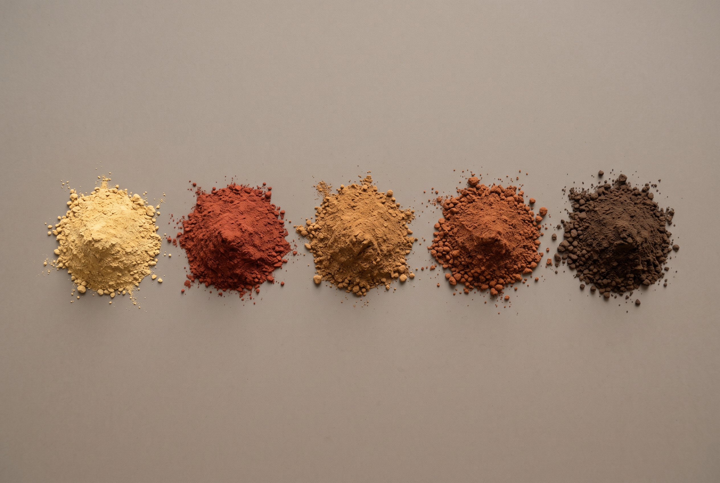Five small heaps of dry earth pigment in a row on a plain grey surface, ranging from pale yellow through red to dark brown, each with a visibly different grain.